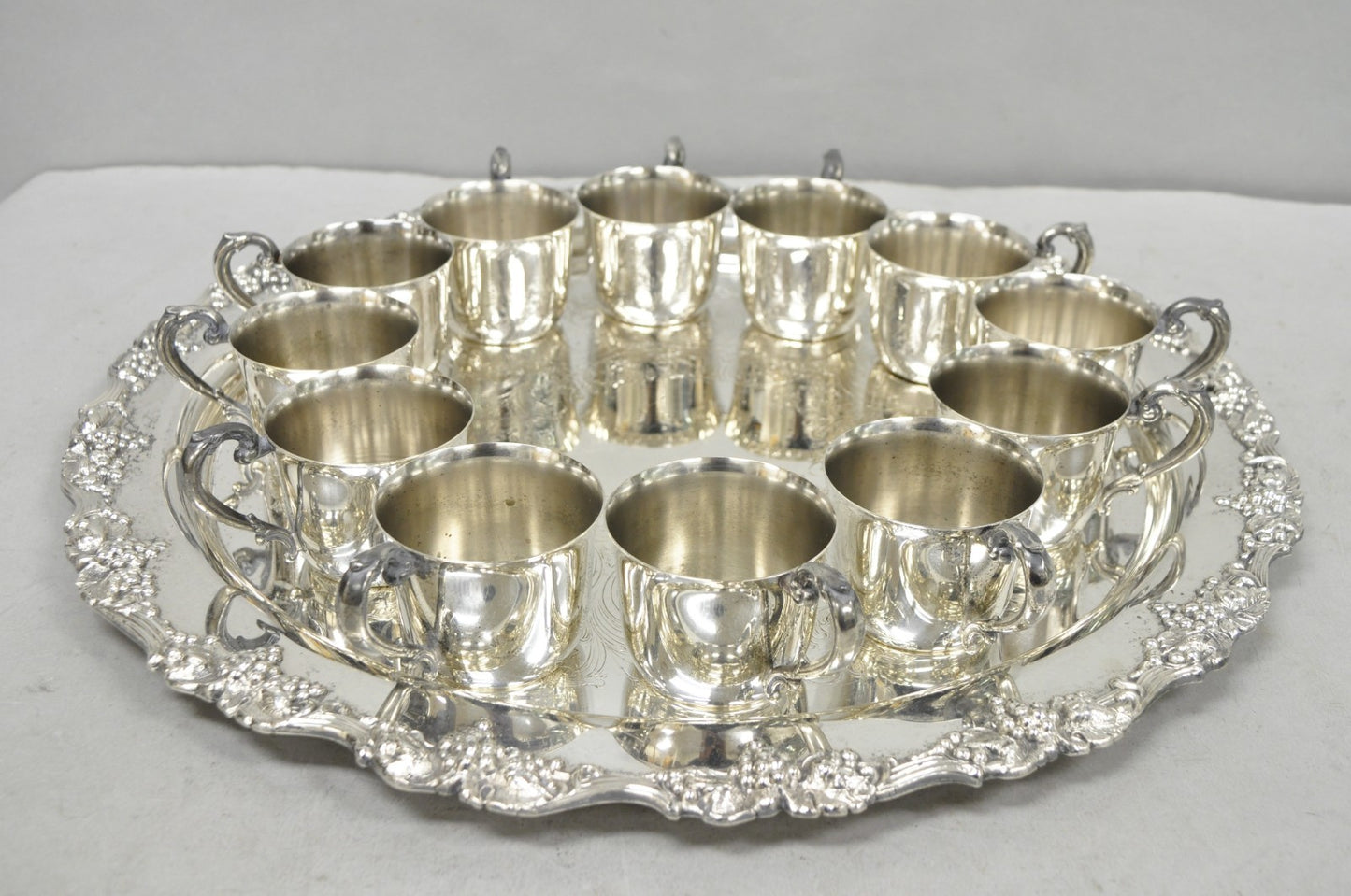 Vintage Sheridan Victorian Silver Plated Punch Bowl Set w/ 12 Cups and Tray