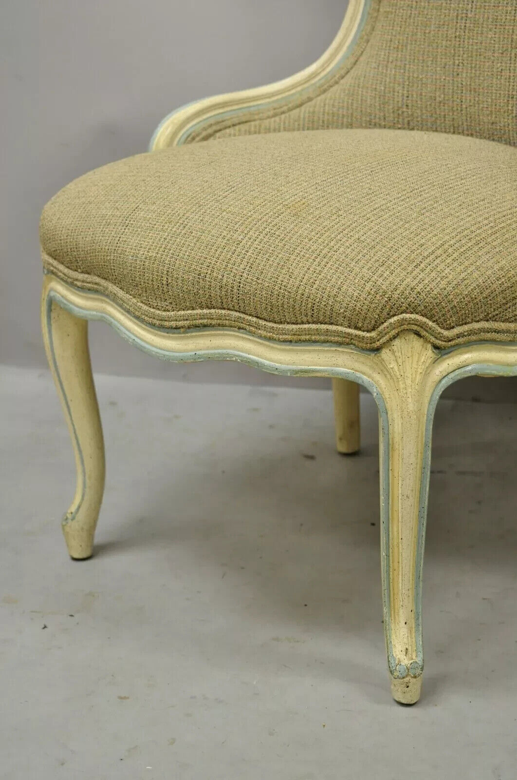Vintage French Provincial Louis XV Cream Blue Boudoir Slipper Chairs - a Pair