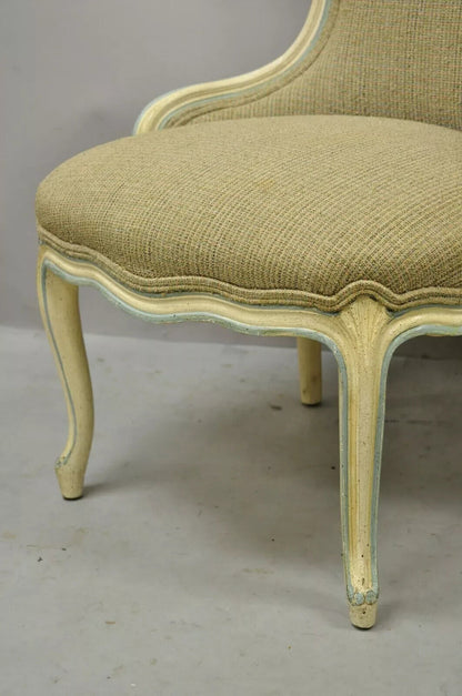 Vintage French Provincial Louis XV Cream Blue Boudoir Slipper Chairs - a Pair