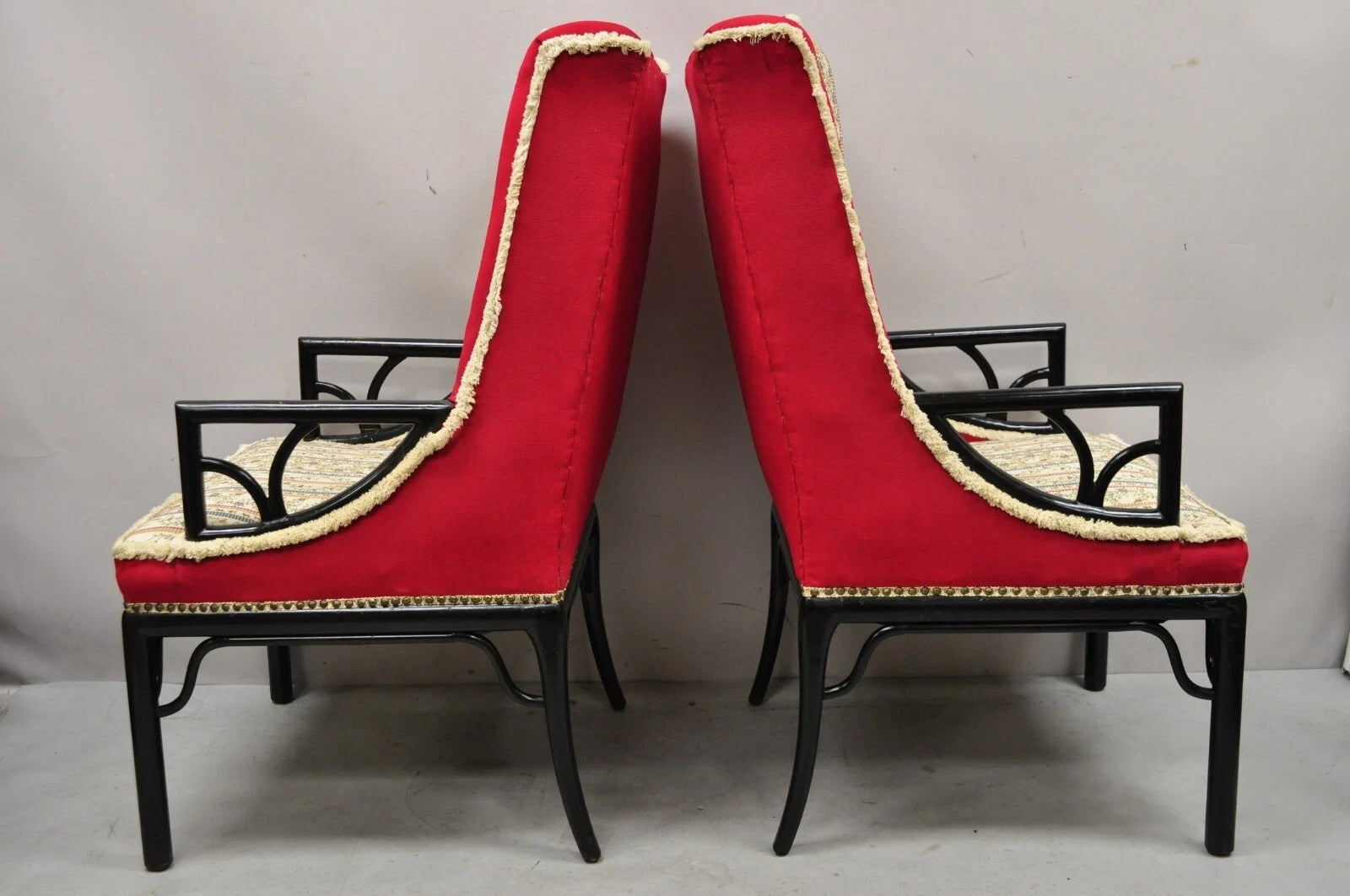 Vintage Chinoiserie James Mont Style Black Fretwork Lounge Arm Chairs - a Pair