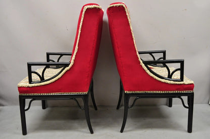 Vintage Chinoiserie James Mont Style Black Fretwork Lounge Arm Chairs - a Pair