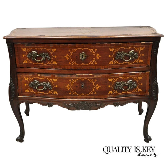 Antique French Louis XV Style Marquetry Inlay Walnut Bombe Commode Chest Dresser