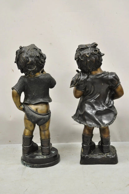 Victorian Style Cast Bronze 29" Little Boy and Girl Statue Figure - a Pair
