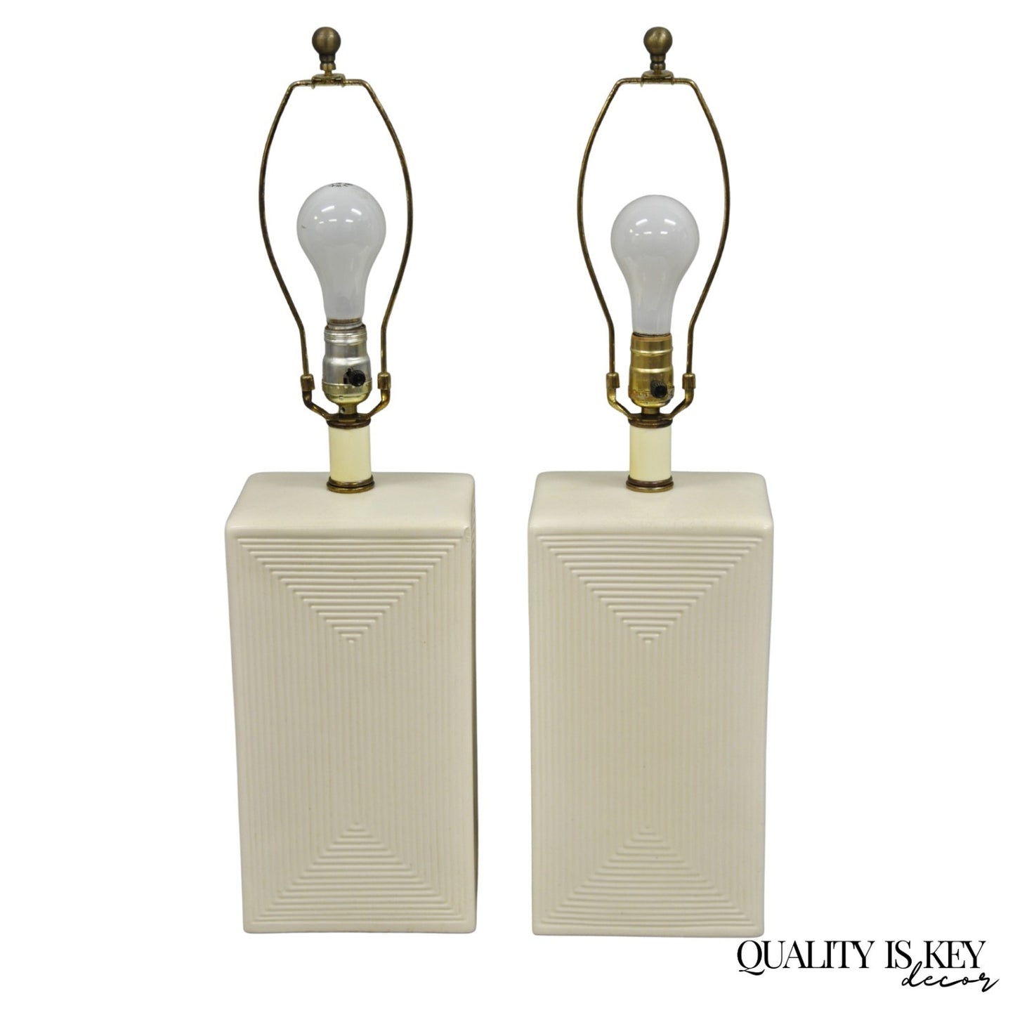 Vintage Mid Century Modern White Geometric Ceramic Cubist Table Lamps - a Pair
