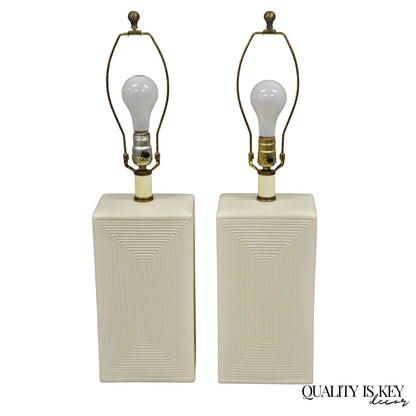 Vintage Mid Century Modern White Geometric Ceramic Cubist Table Lamps - a Pair