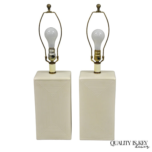 Vintage Mid Century Modern White Geometric Ceramic Cubist Table Lamps - a Pair