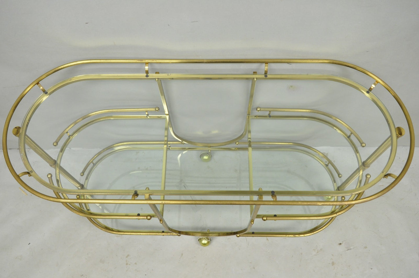 Vintage Mid Century Modern Brass 3 Tier Oval Frame Rolling Bar Cart Server Table