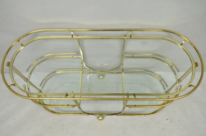 Vintage Mid Century Modern Brass 3 Tier Oval Frame Rolling Bar Cart Server Table
