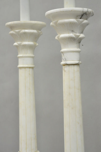 Vintage Italian Neoclassical White Carved Marble Empire Column Table Lamp Pair