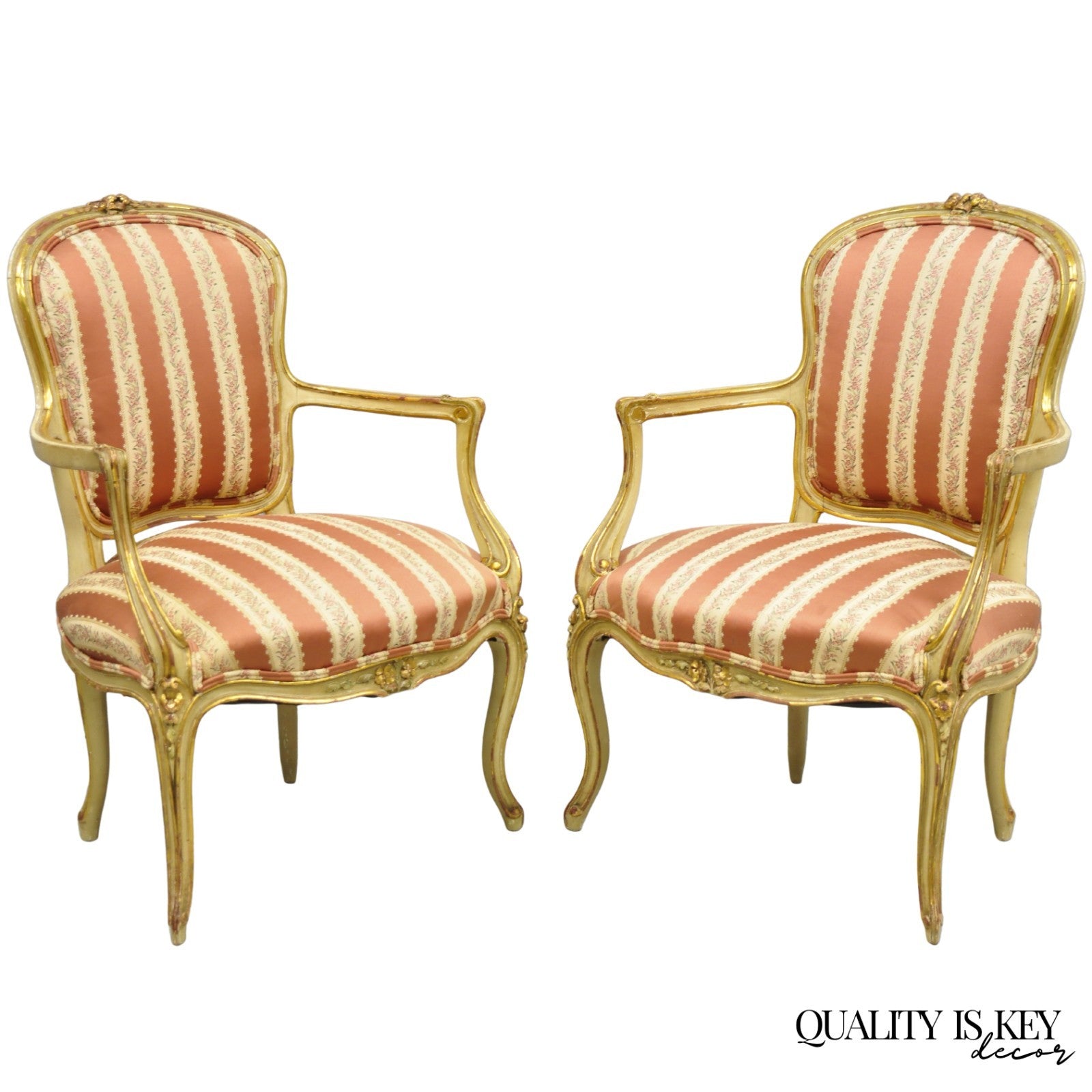 Antique French Louis XV Style Gold Giltwood Pink Stripe Fauteuil Arm Chair, Pair
