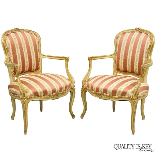 Antique French Louis XV Style Gold Giltwood Pink Stripe Fauteuil Arm Chair, Pair