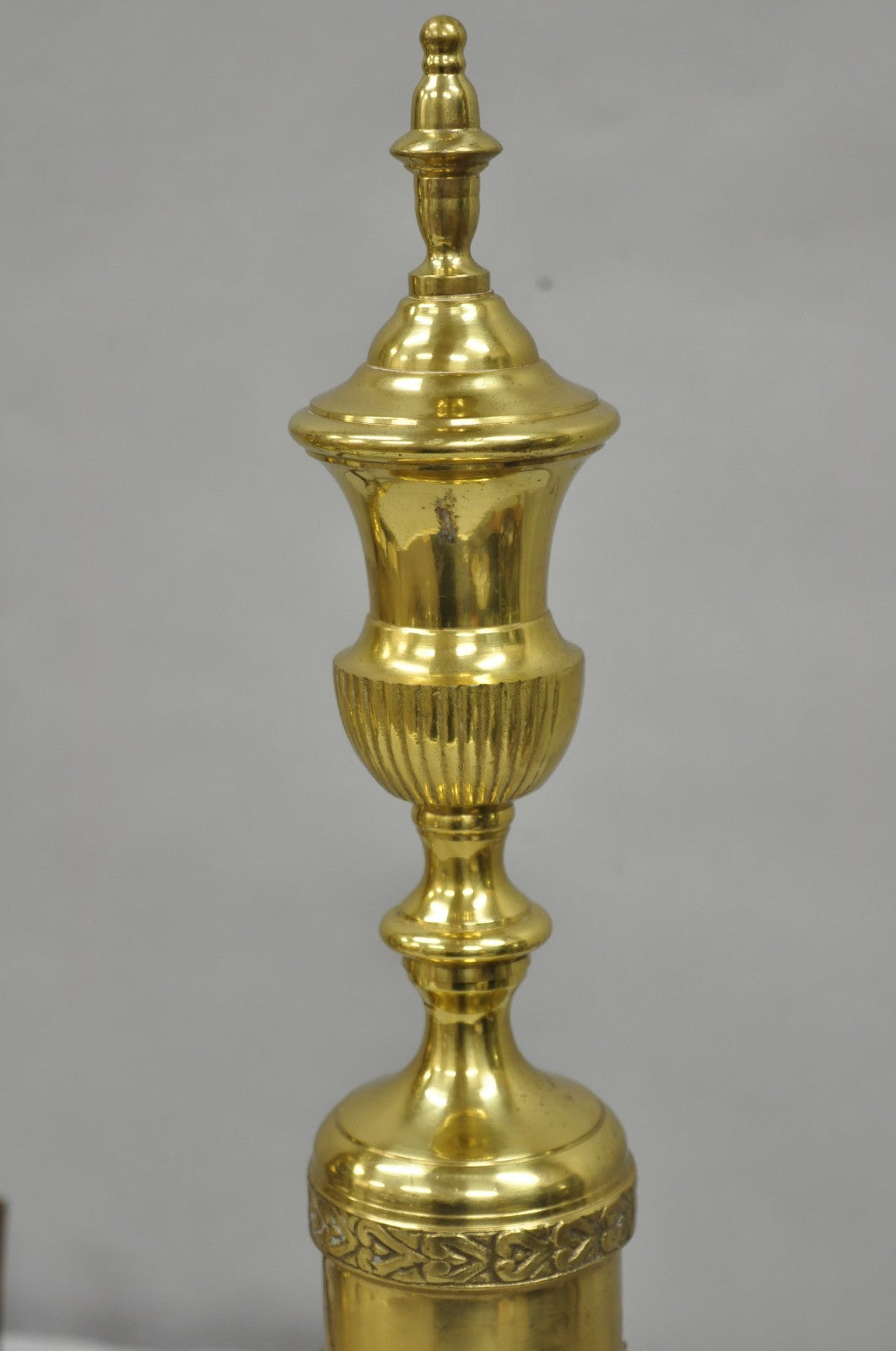 Antique French Empire Style Brass Paw Foot Column Cast Iron Andirons - a Pair