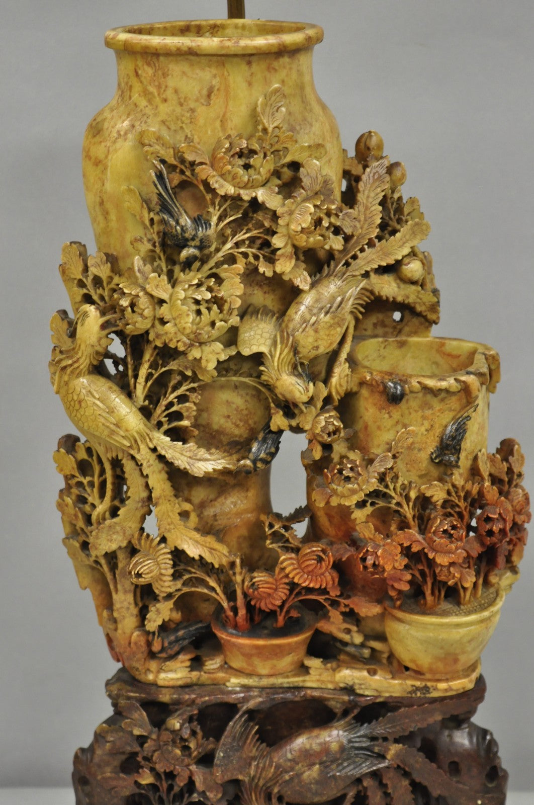 Antique Chinese Figural Carved Soapstone Large Table Lamp w/ Birds & Flowers