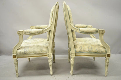 Vintage French Louis XVI Style Cream Painted Gold Gilt Lounge Arm Chairs - Pair