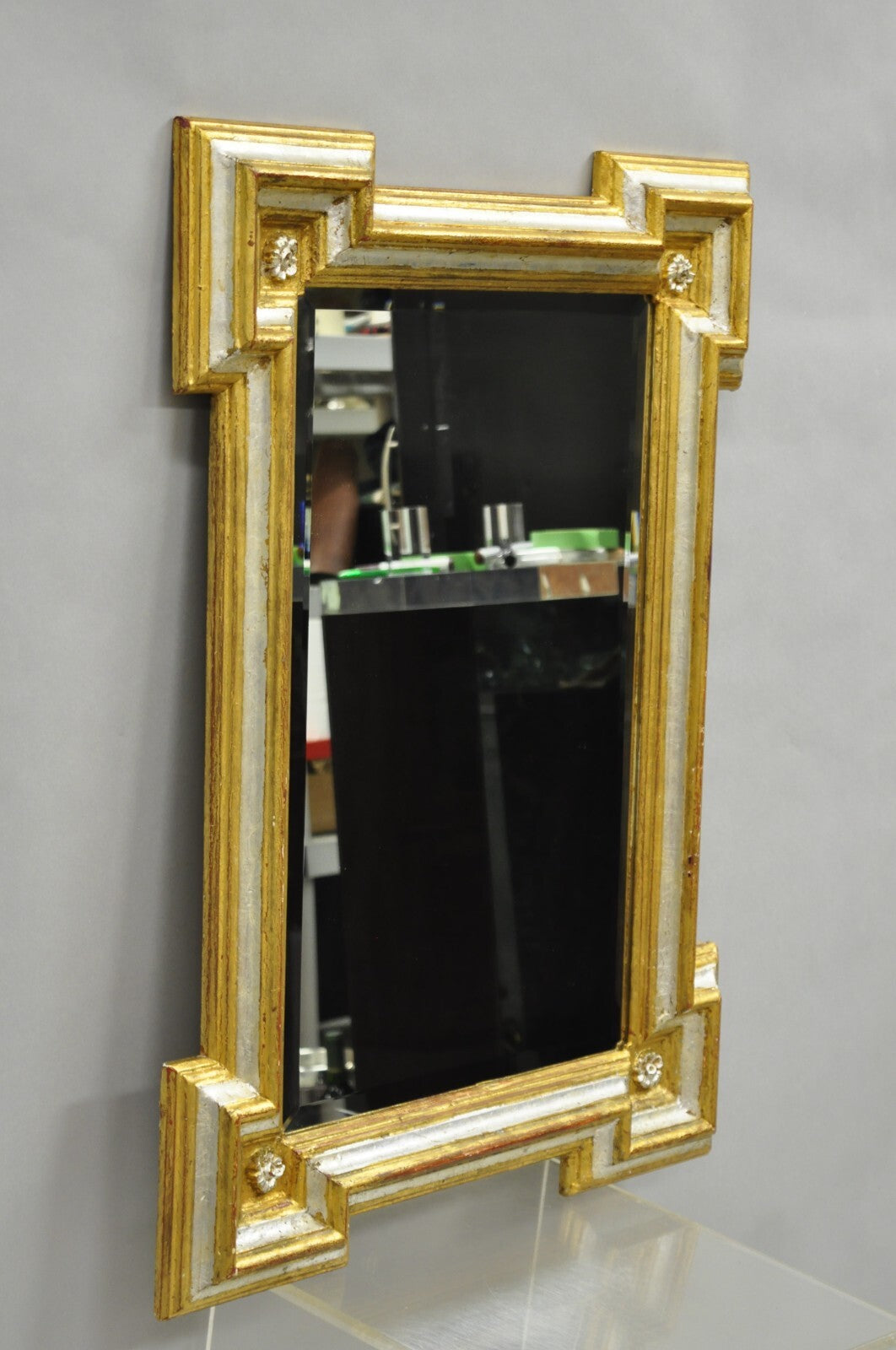 Vintage Italian Regency Silver & Gold Gilt Wood Frame Beveled Glass Wall Mirror