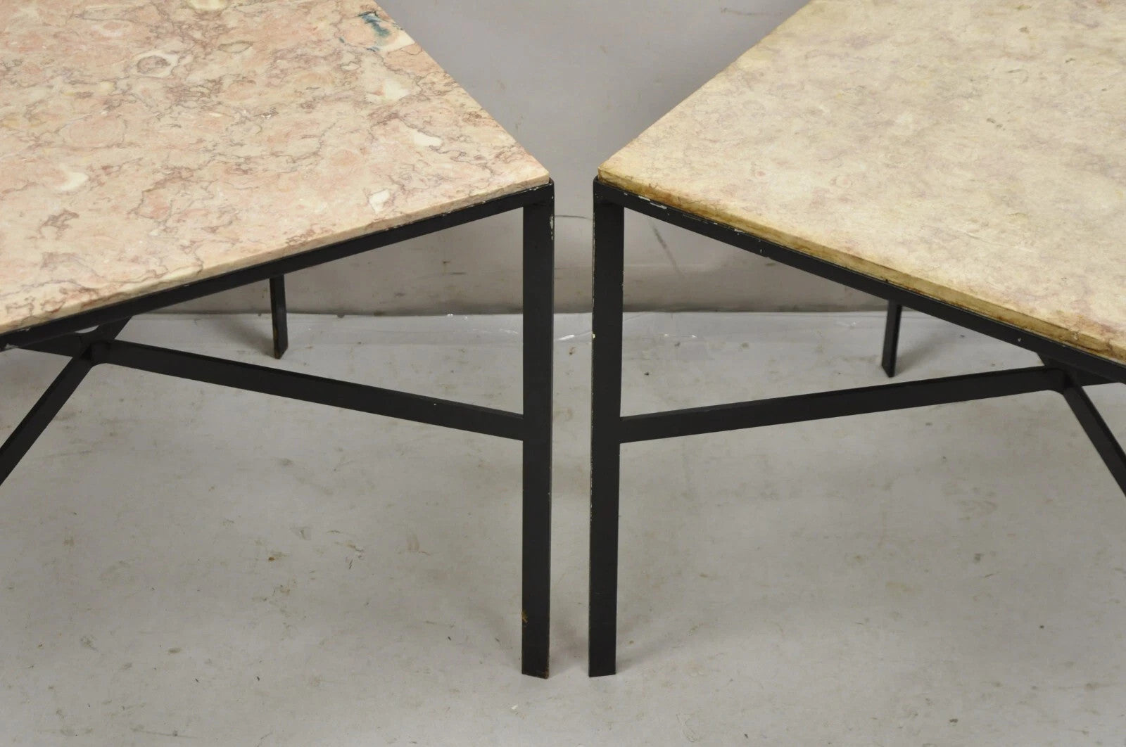 Mid Century Modern Paul McCobb Style Wrought Iron Marble Square Side Table Pair
