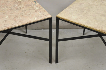 Mid Century Modern Paul McCobb Style Wrought Iron Marble Square Side Table Pair