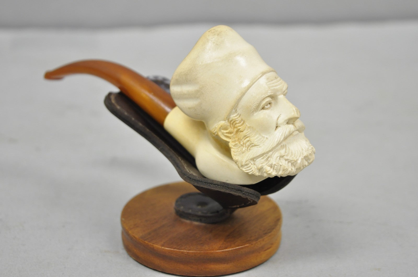 Vintage Turkish Meerschaum Figural Hand Carved Bearded Man Pipe on Walnut Stand