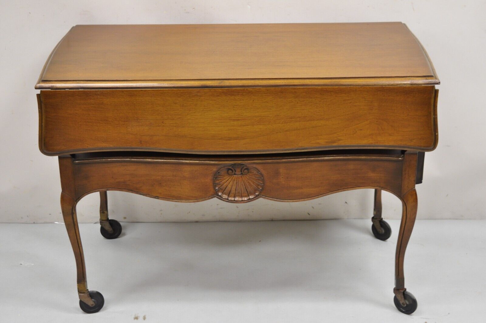 Vintage French Country Style Cherry Wood 2 Drawer Drop Leaf Rolling Serving Cart