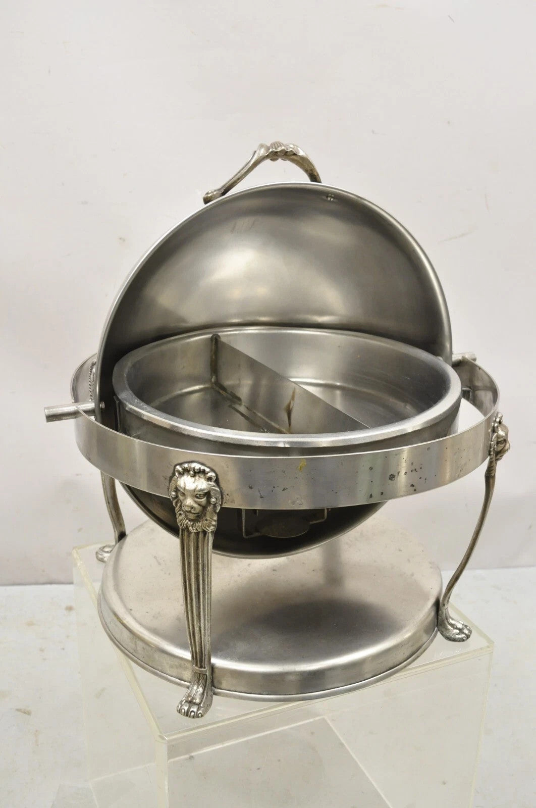 Vintage Regency Silver Plated Steel Round Catering Serving Chafing Dish w/ Lions