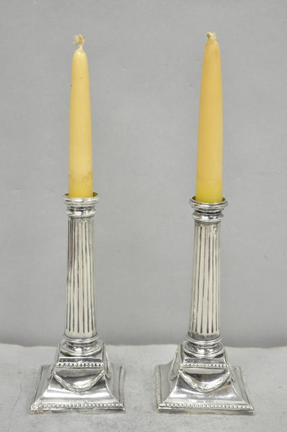 Vintage English Regency Silver Plated Classical Column Small Candlesticks - Pair