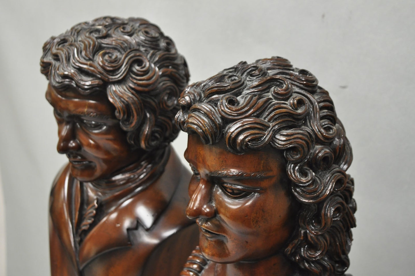 Classical Maitland Smith Style Carved Mahogany Wood Bust on Alabaster - a Pair