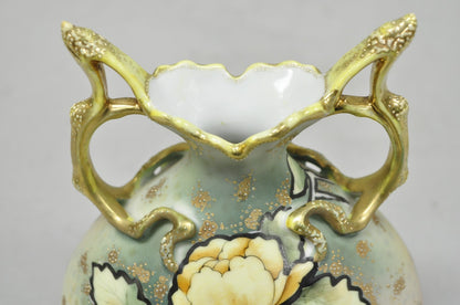 Antique Nippon Hand Painted Porcelain Twin Branch Handle Yellow Rose Small Vase