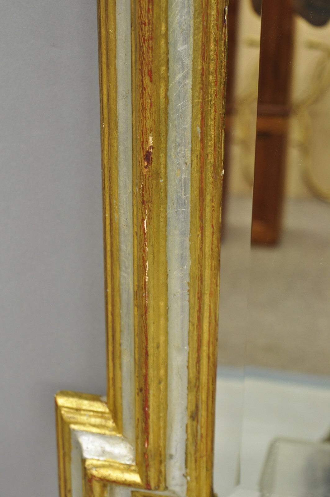 Vintage Italian Regency Silver & Gold Gilt Wood Frame Beveled Glass Wall Mirror