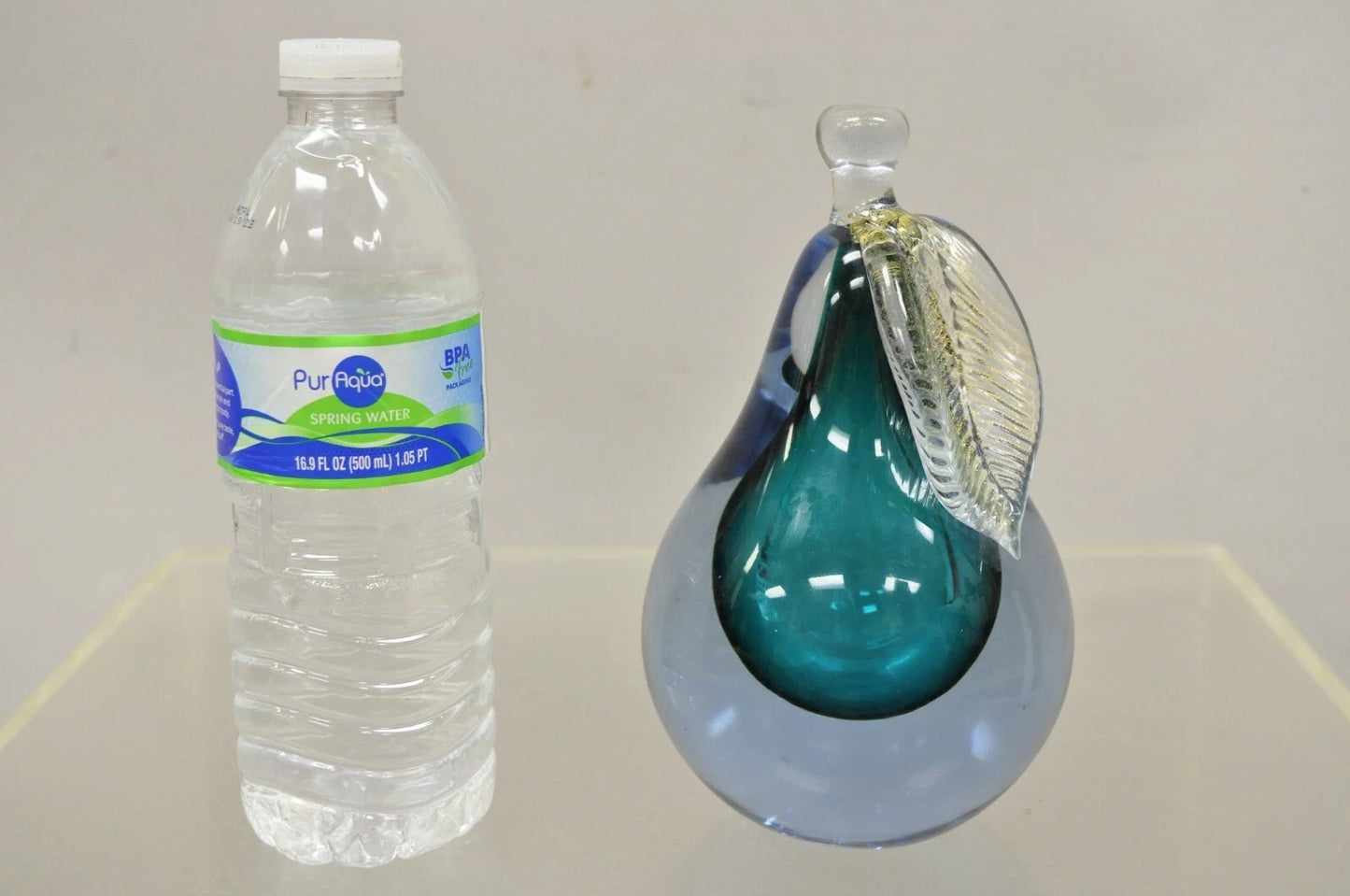 Italian Murano Blue 7" Blown Art Glass Pear Fruit Gold Flecks Leaf Paperweight