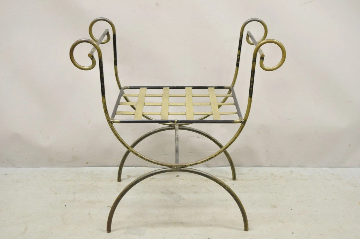 Vintage Neoclassical Style Wrought Iron Curule Savonarola X-Form Bench Chair