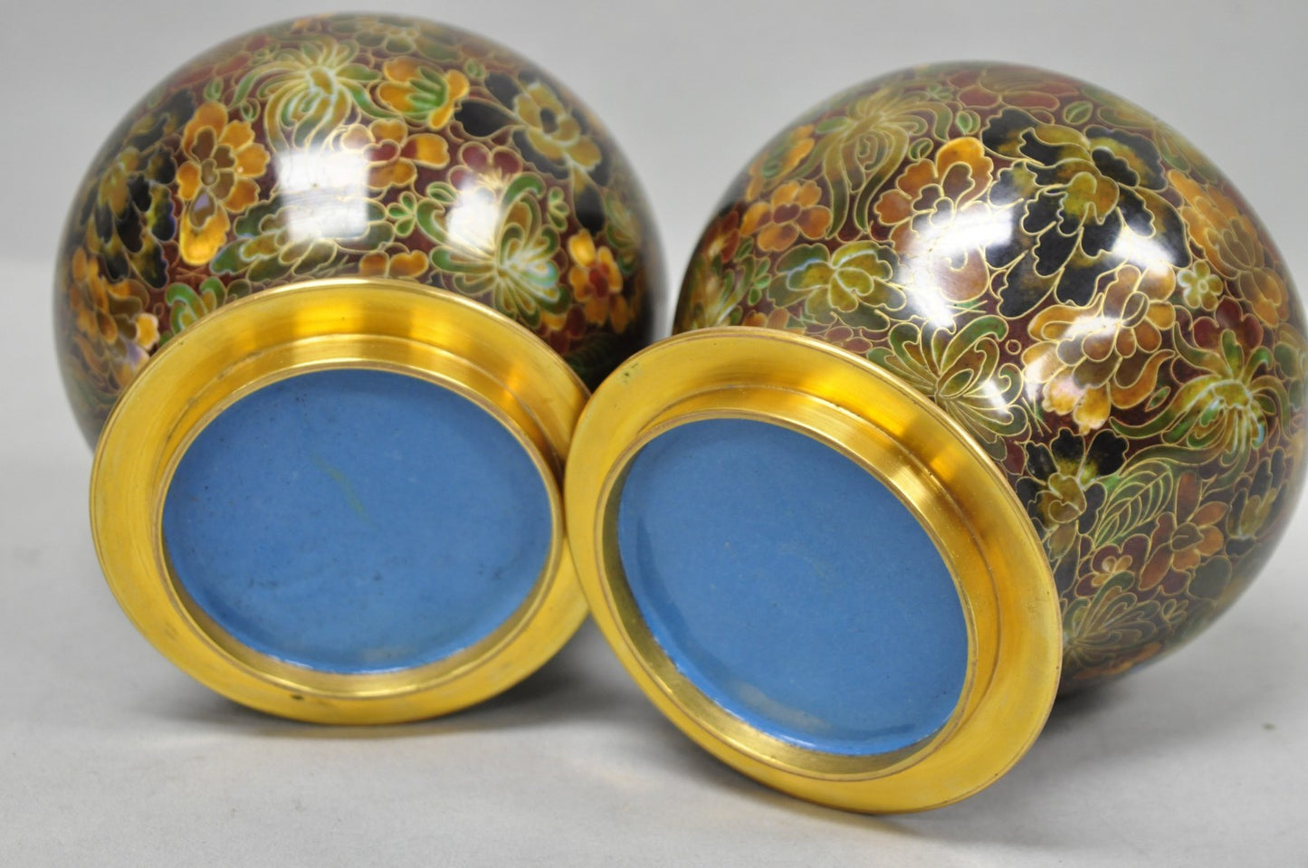 Vintage Cloisonné Chinese Small Enameled Brown Covered Ginger Jar on Stand, Pair