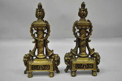 Vintage French Empire Style Brass Column & Flame Finial 13" Andirons - a Pair