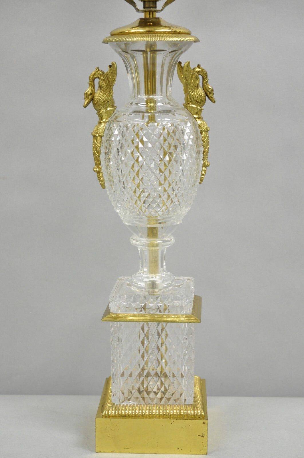 French Empire Regency Baccarat Style Glass Crystal Urn Table Lamp w/ Brass Swans