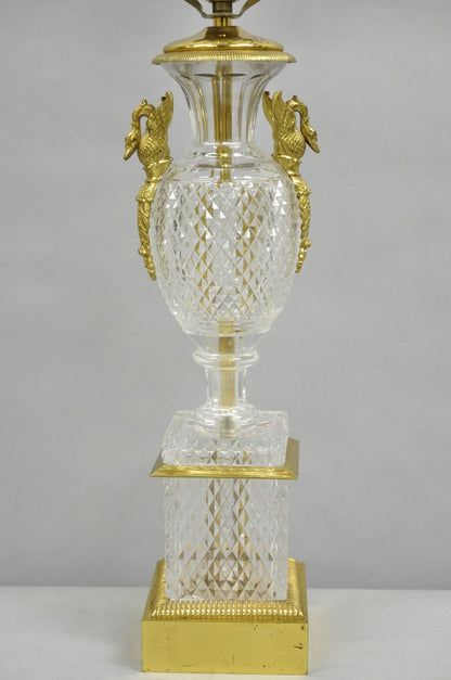 French Empire Regency Baccarat Style Glass Crystal Urn Table Lamp w/ Brass Swans