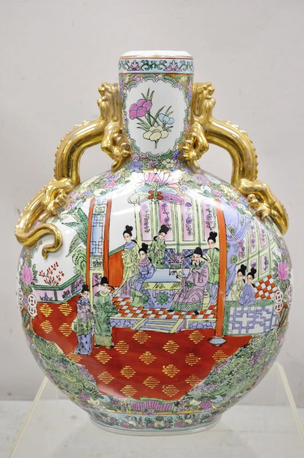 Vintage Chinese Famille Rose Porcelain Figural Orange Moon Flask Vase w/ Dragons