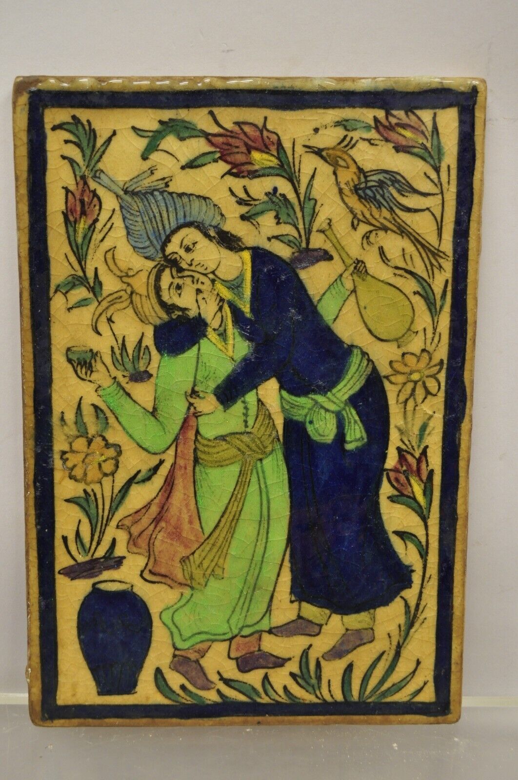 Antique Persian Iznik Qajar Style Ceramic Pottery Tile Blue Man Woman Kissing C2