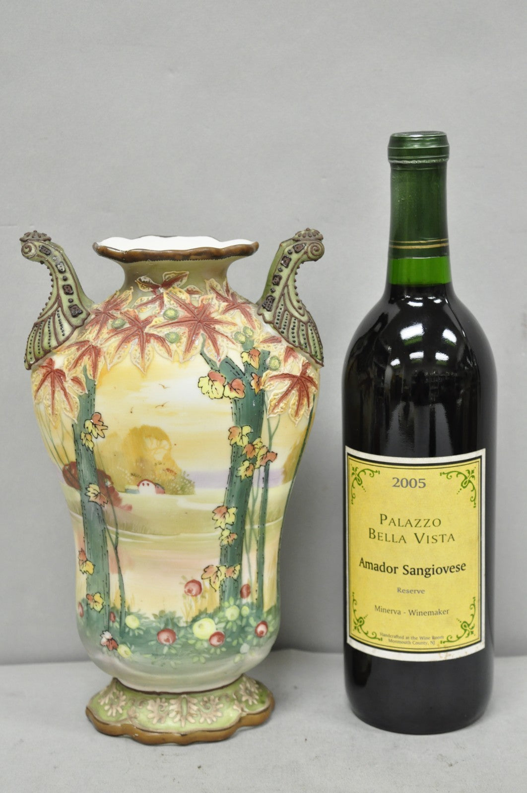 Antique Nippon Hand Painted Porcelain Moriage Twin Handle Countryside Scene Vase
