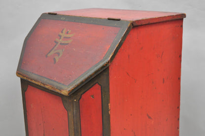 Antique British Colonial Red Painted Wooden Store Tea Coffee Bin w/ Asian Symbol