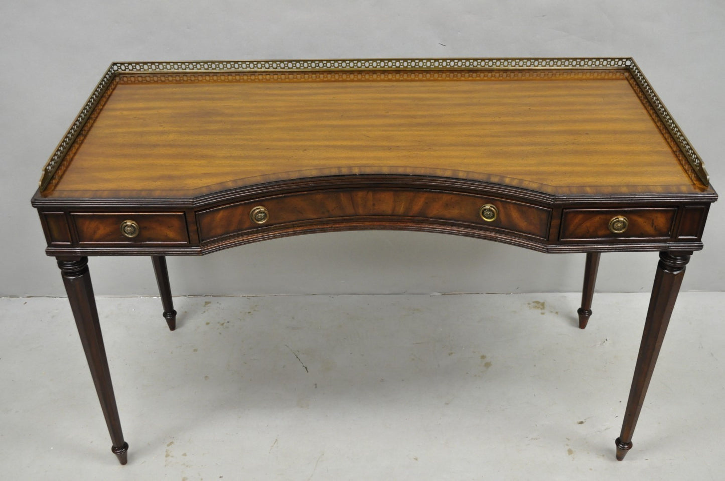 Maitland Smith Mahogany Regency Style 3 Drawer Writing Desk w/ Brass Gallery