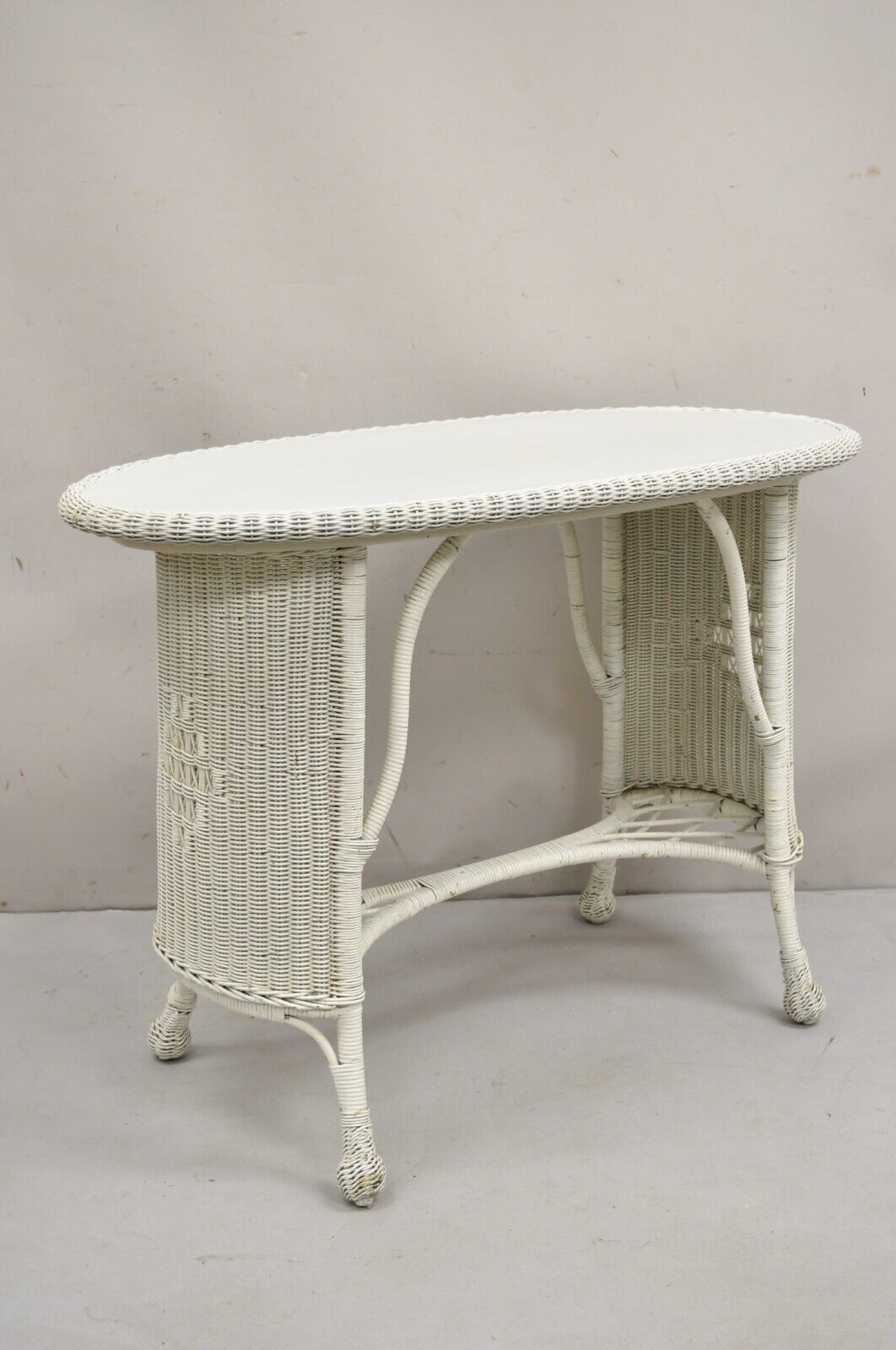 Antique Victorian White Wicker Rattan Console Hall Side Table