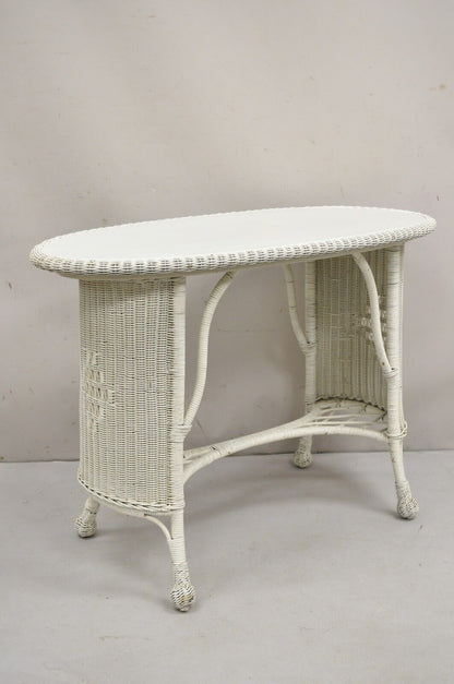Antique Victorian White Wicker Rattan Console Hall Side Table