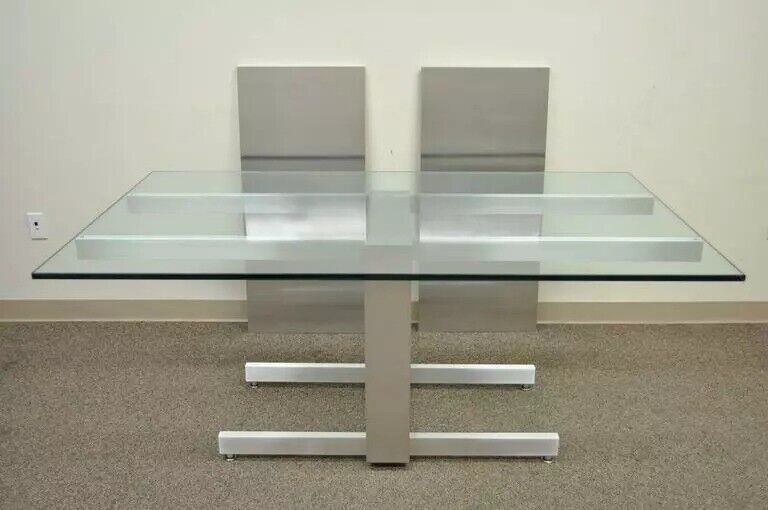 Vladimir Kagan Brushed Aluminum & Glass Cubist Extension Dining Conference Table