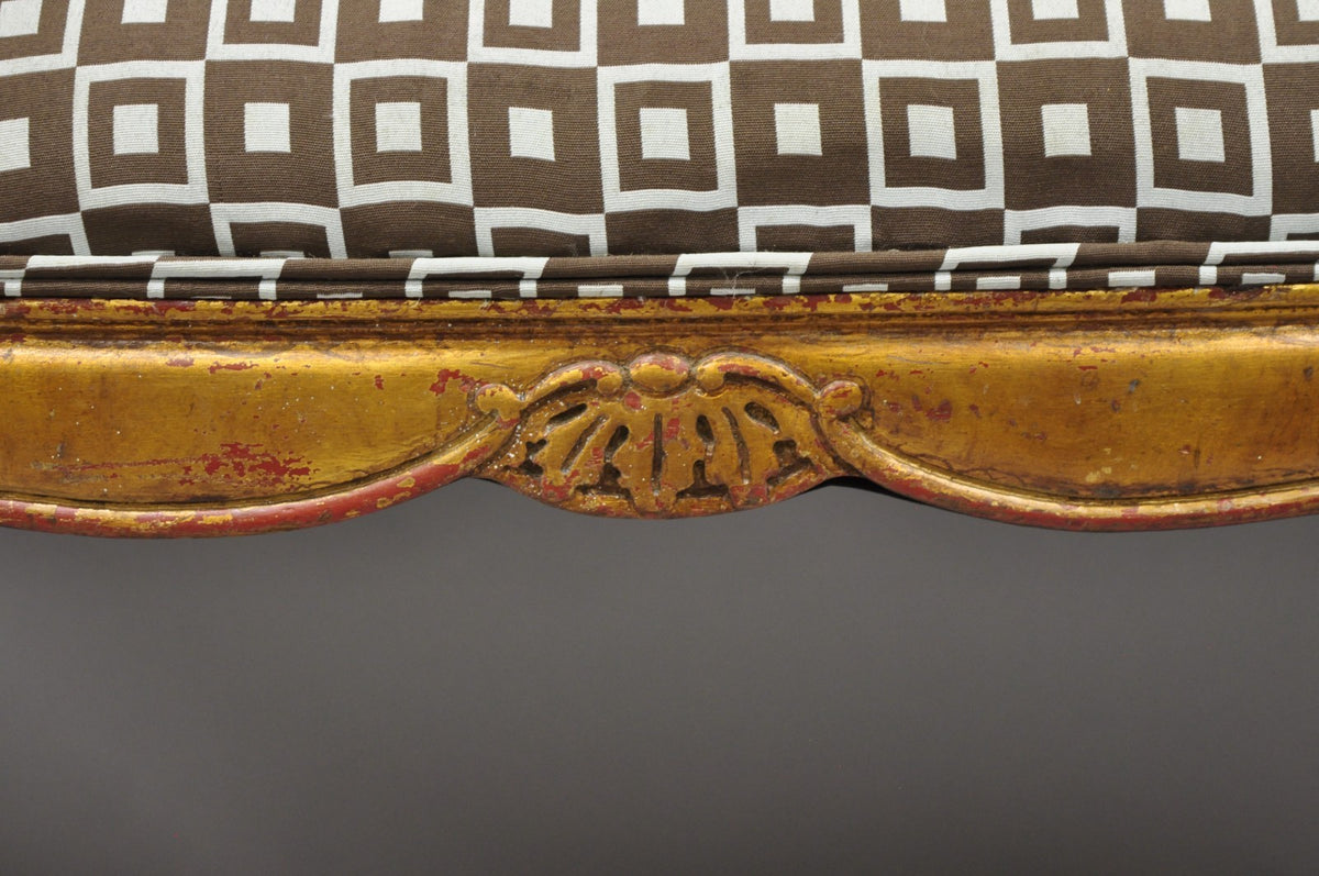 Vintage French Louis XV Style Distressed Gold Gilt Cane Back Vanity Bench Seat