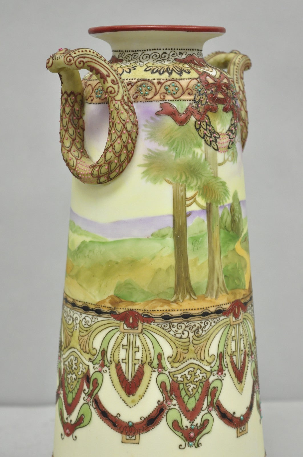 Antique Nippon Hand Painted Porcelain Countryside Moriage Tall Twin Handle Vase