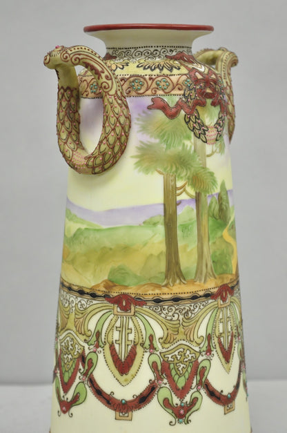 Antique Nippon Hand Painted Porcelain Countryside Moriage Tall Twin Handle Vase