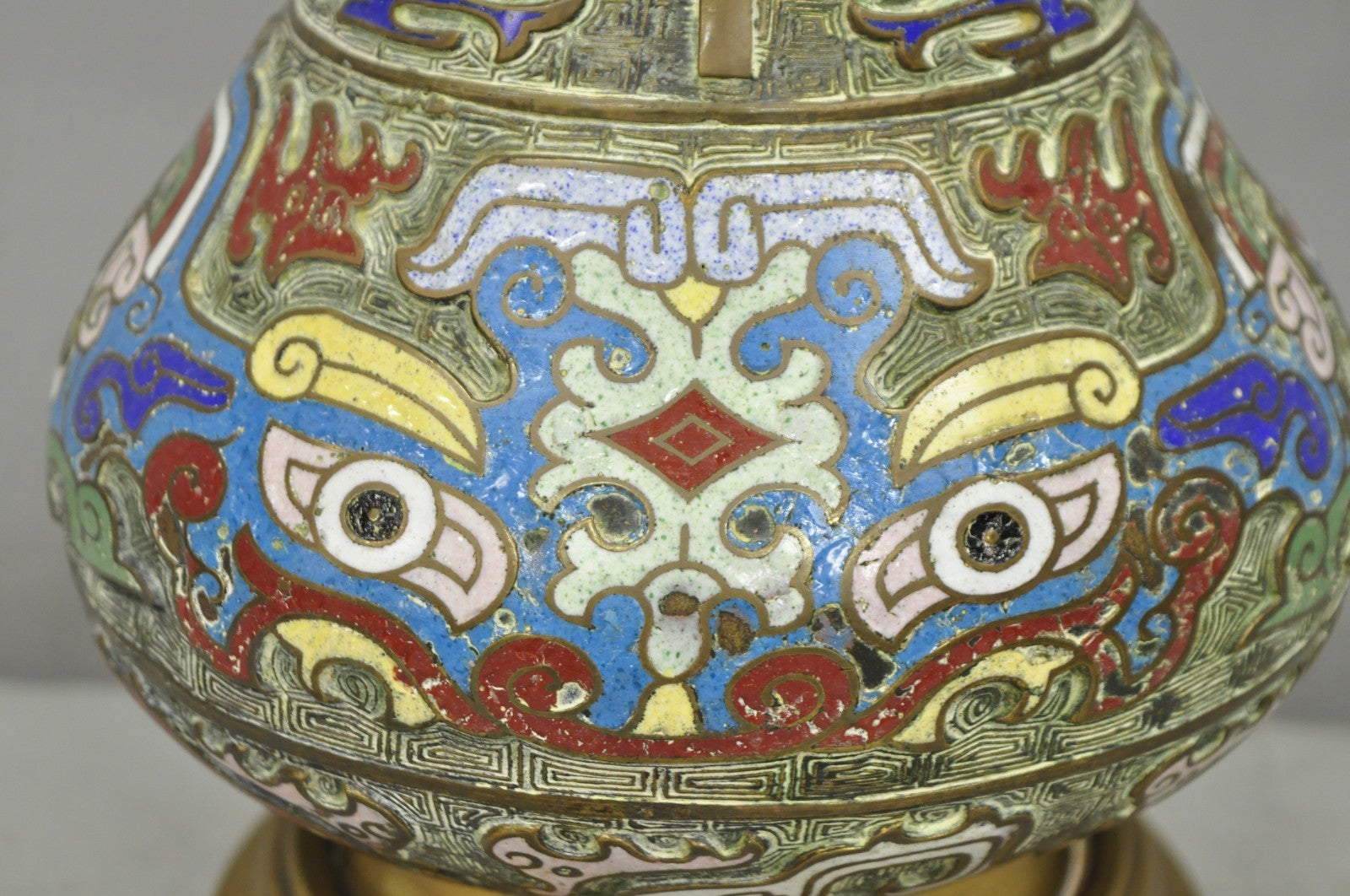 Vintage Chinese Porcelain Enamel Bronze Cloisonne Champleve Vase Table Lamp