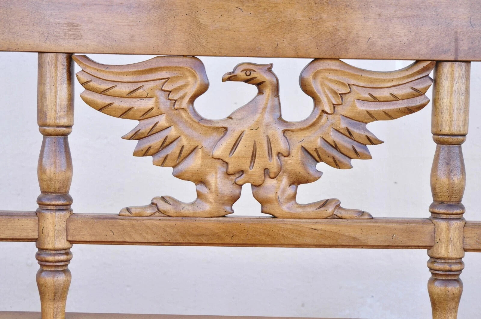 Vintage Cushman Federal Style Maple Wood Carved Eagle Back Settee Deacons Bench