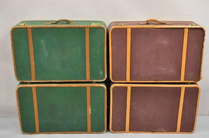 Vintage T. Anthony Art Deco Leather & Canvas Green Brown Hard Luggage - 4 Pc Set