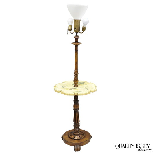 Vintage Chinoiserie English Regency Style Carved Wood Side Table Floor Lamp