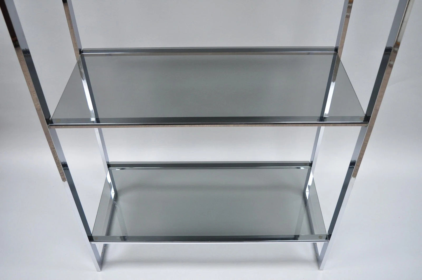 Mid Century Modern Baughman Style Chrome Smoked Glass Etagere Bookcase Shelf